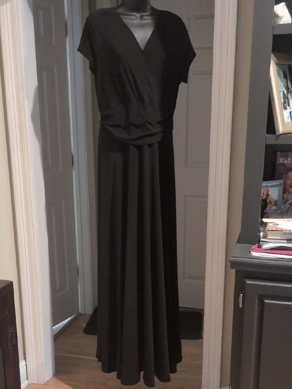 Women's Black Faux-Wrap Short Sleeve Maxi Dress